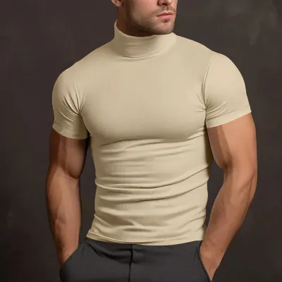 Men'S Fashion Casual Summer Solid Color High Neck Short-Sleeve Tight T-Shirt