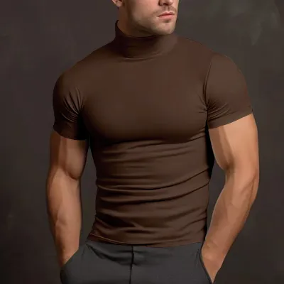 Men'S Fashion Casual Summer Solid Color High Neck Short-Sleeve Tight T-Shirt