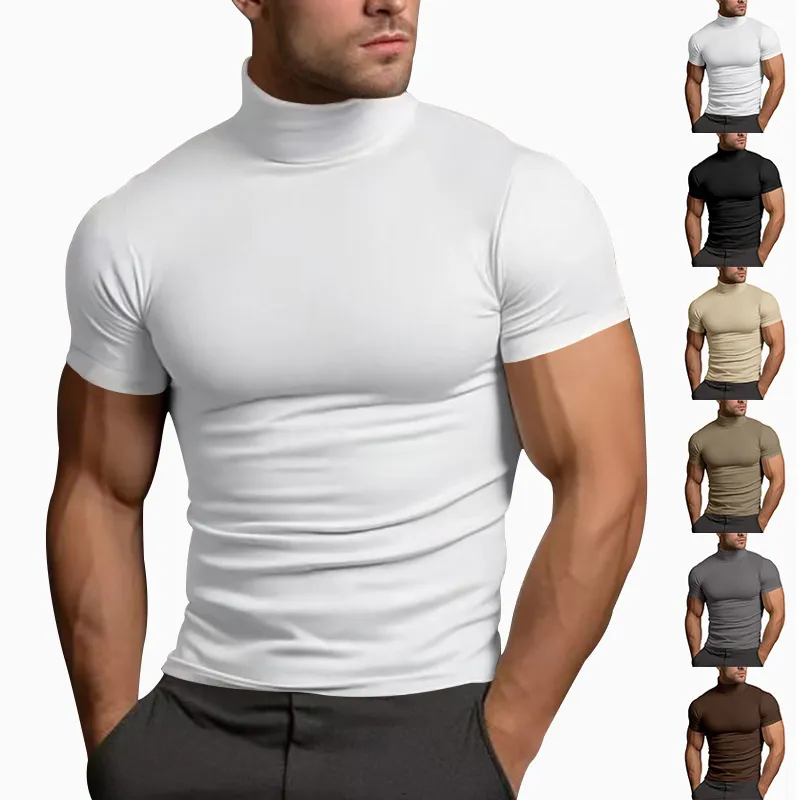 Men'S Fashion Casual Summer Solid Color High Neck Short-Sleeve Tight T-Shirt