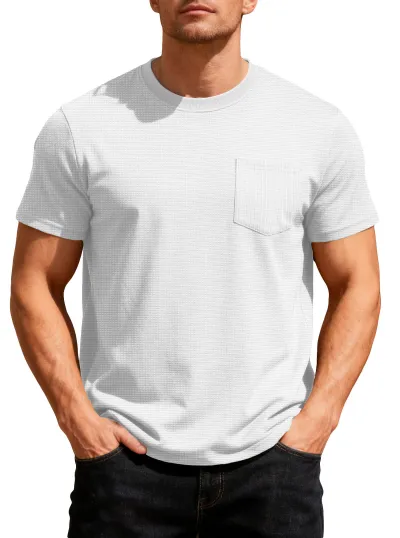 Men'S Fashion Casual Summer Solid Color Waffles Loose Breathable Pocket Round Neck Short Sleeve T-Shirt
