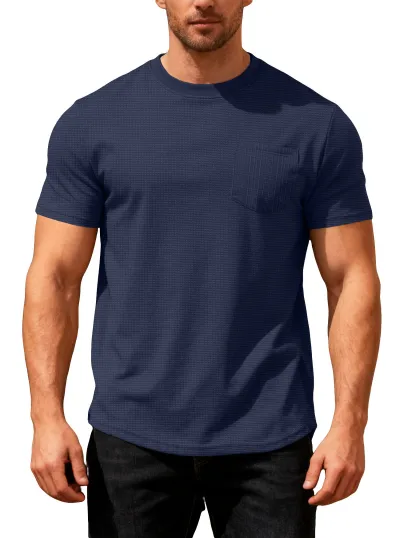 Men'S Fashion Casual Summer Solid Color Waffles Loose Breathable Pocket Round Neck Short Sleeve T-Shirt