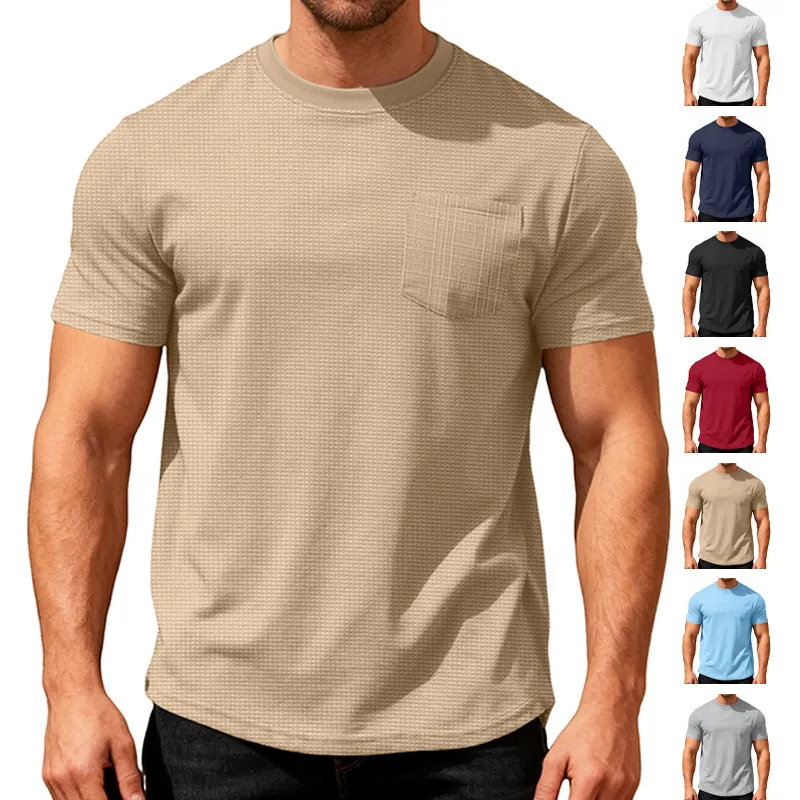 Men'S Fashion Casual Summer Solid Color Waffles Loose Breathable Pocket Round Neck Short Sleeve T-Shirt