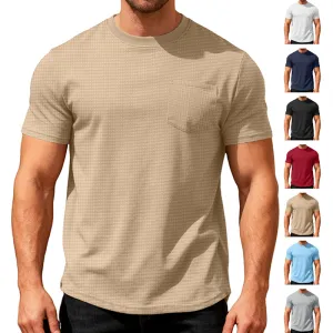 Men'S Fashion Casual Summer Solid Color Waffles Loose Breathable Pocket Round Neck Short Sleeve T-Shirt