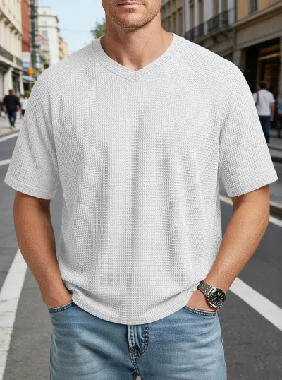 Men'S Fashion Casual Spring And Summer Solid Color Texture Waffle V-Neck Short Sleeve T-Shirt