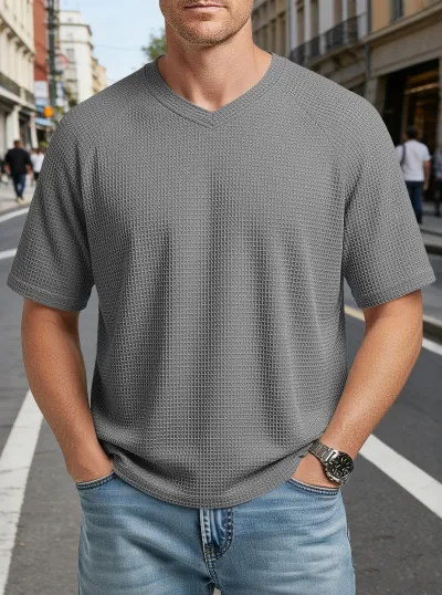 Men'S Fashion Casual Spring And Summer Solid Color Texture Waffle V-Neck Short Sleeve T-Shirt