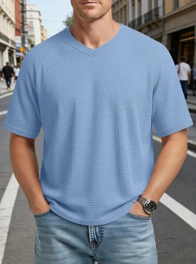 Men'S Fashion Casual Spring And Summer Solid Color Texture Waffle V-Neck Short Sleeve T-Shirt