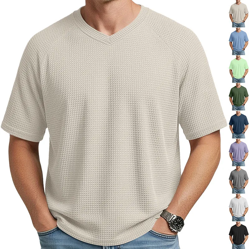 Men'S Fashion Casual Spring And Summer Solid Color Texture Waffle V-Neck Short Sleeve T-Shirt