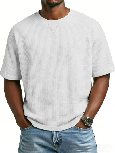 Men'S Fashion Casual Spring And Summer Solid Color Waffle Round Neck Short Sleeve T-Shirt