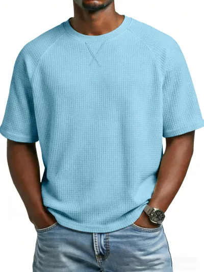 Men'S Fashion Casual Spring And Summer Solid Color Waffle Round Neck Short Sleeve T-Shirt