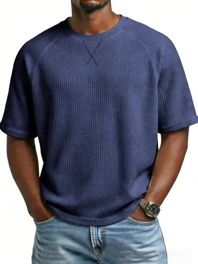 Men'S Fashion Casual Spring And Summer Solid Color Waffle Round Neck Short Sleeve T-Shirt