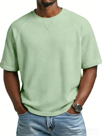 Men'S Fashion Casual Spring And Summer Solid Color Waffle Round Neck Short Sleeve T-Shirt