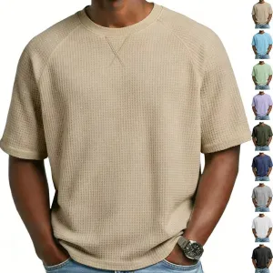 Men'S Fashion Casual Spring And Summer Solid Color Waffle Round Neck Short Sleeve T-Shirt