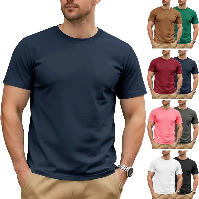 Men Fashion Casual Simple Summer Solid Color Round Neck Short Sleeve Cotton T-Shirt
