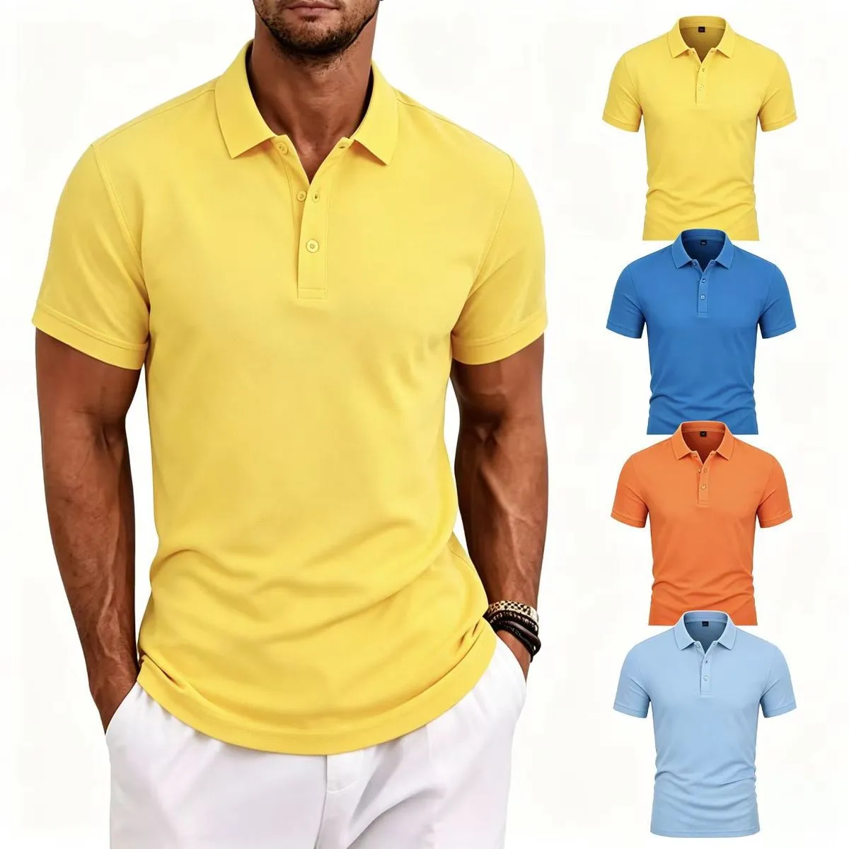 Men Fashion Casual Summer Solid Color Lapel Short-Sleeve Polo Shirt