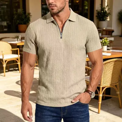 Men'S Fashion Casual Summer Solid Color Texture Jacquard Short Sleeve Polo Shirt