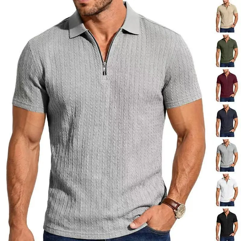 Men'S Fashion Casual Summer Solid Color Texture Jacquard Short Sleeve Polo Shirt
