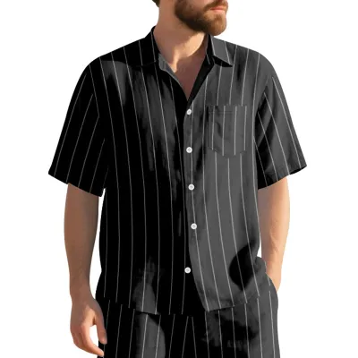 Men'S Fashion Casual Summer Vertical Stripes Linen Jacquard Loose Breathable Short Sleeve Shirt