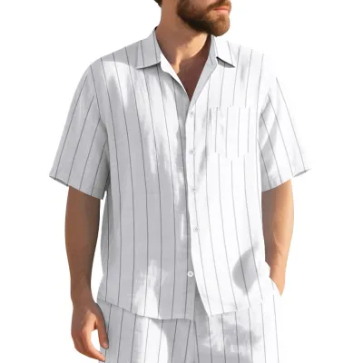 Men'S Fashion Casual Summer Vertical Stripes Linen Jacquard Loose Breathable Short Sleeve Shirt