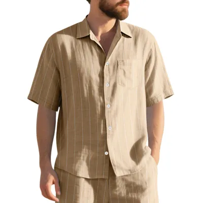 Men'S Fashion Casual Summer Vertical Stripes Linen Jacquard Loose Breathable Short Sleeve Shirt
