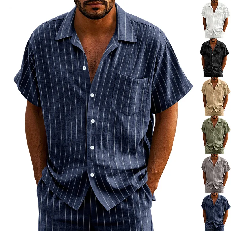 Men'S Fashion Casual Summer Vertical Stripes Linen Jacquard Loose Breathable Short Sleeve Shirt
