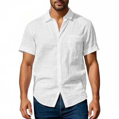 Men'S Fashion Casual Summer Solid Color Linen Loose Lapel Short Sleeve Shirt