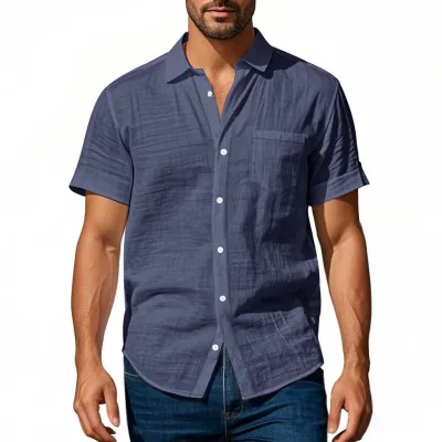 Men'S Fashion Casual Summer Solid Color Linen Loose Lapel Short Sleeve Shirt