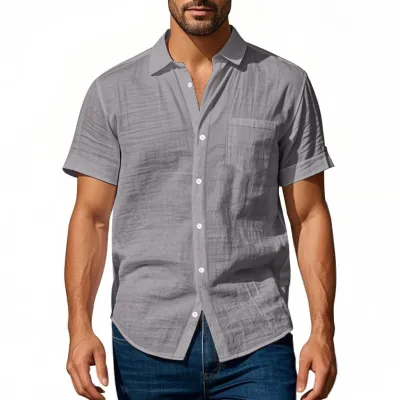 Men'S Fashion Casual Summer Solid Color Linen Loose Lapel Short Sleeve Shirt