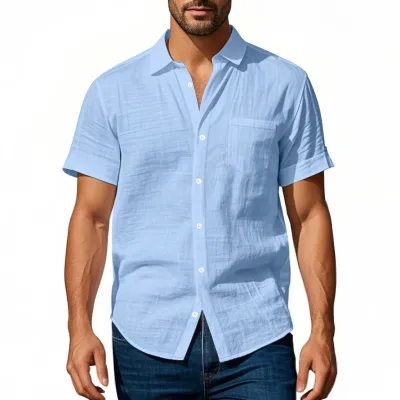Men'S Fashion Casual Summer Solid Color Linen Loose Lapel Short Sleeve Shirt