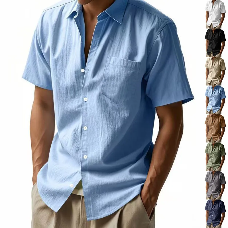Men'S Fashion Casual Summer Solid Color Linen Loose Lapel Short Sleeve Shirt