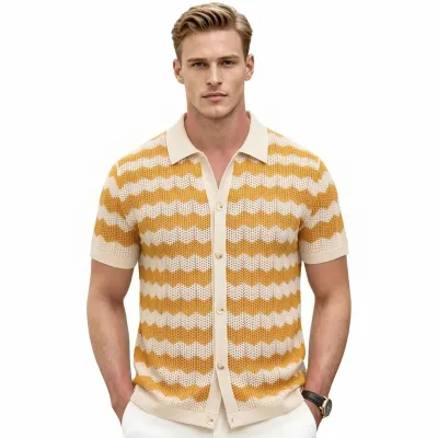 Men'S Fashion Casual Summer Breathable Mesh Hollow Stripe Polo Shirt
