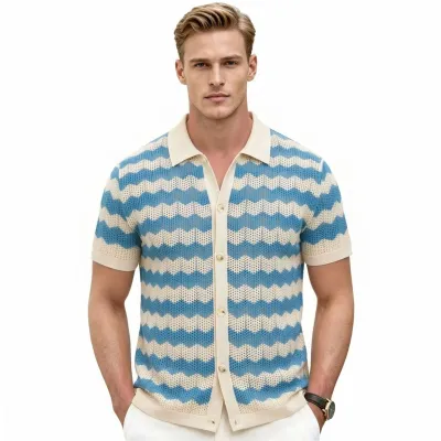 Men'S Fashion Casual Summer Breathable Mesh Hollow Stripe Polo Shirt