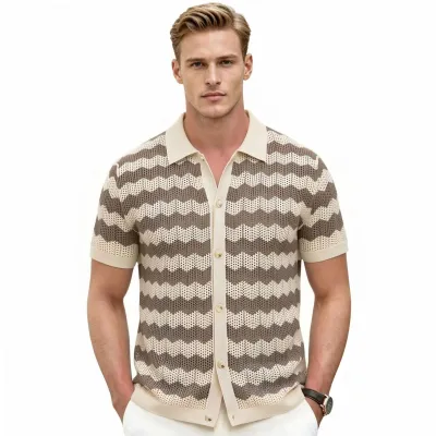 Men'S Fashion Casual Summer Breathable Mesh Hollow Stripe Polo Shirt