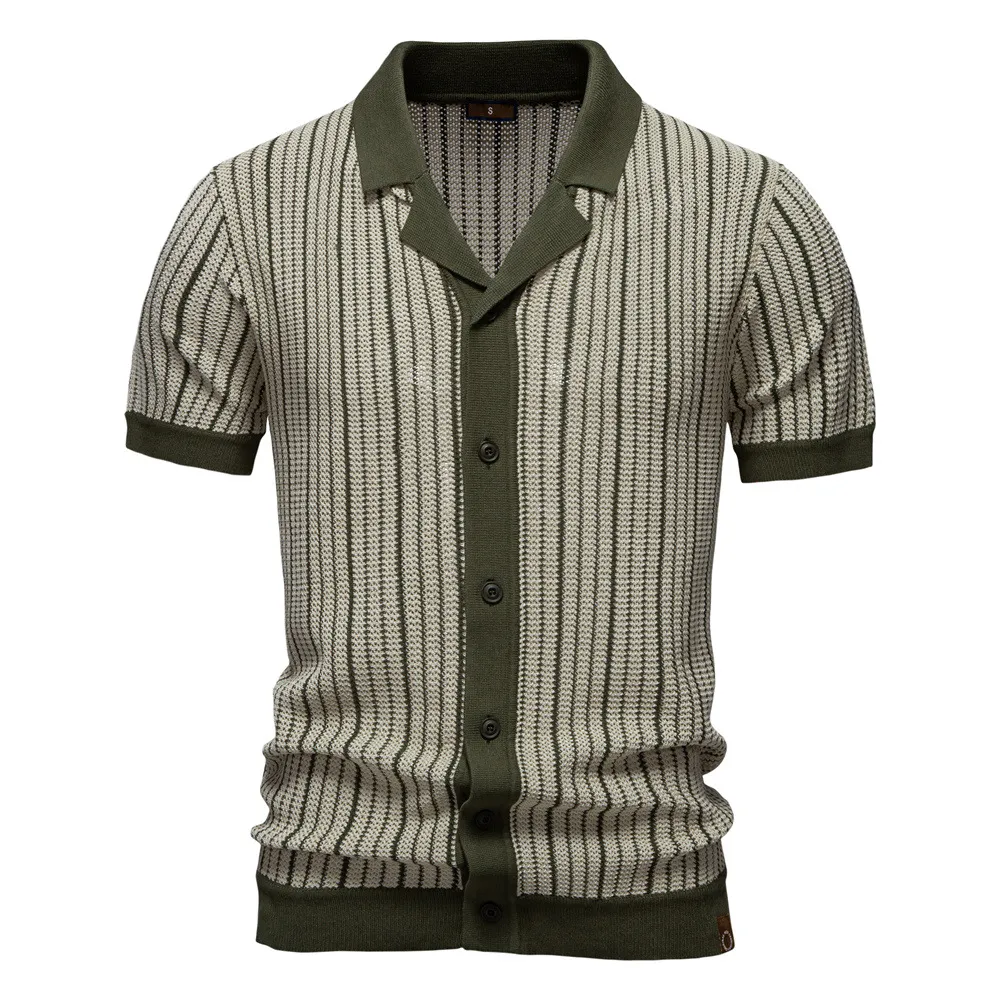 Men'S Fashion Casual Summer Stripe Lapel Short-Sleeve Polo Shirt