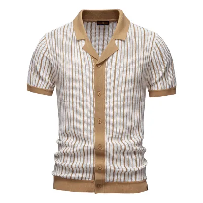 Men'S Fashion Casual Summer Stripe Lapel Short-Sleeve Polo Shirt