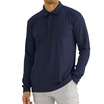 Men'S Fashion Casual Solid Color Lapel Button Long Sleeve Polo Shirt