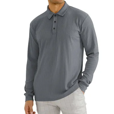 Men'S Fashion Casual Solid Color Lapel Button Long Sleeve Polo Shirt