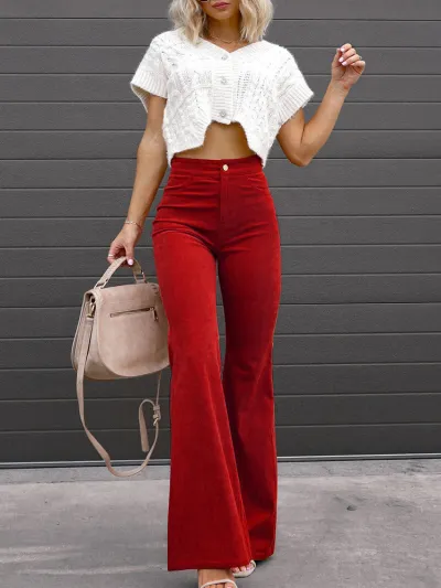 Women Fashion Casual Solid Color Corduroy Slim Fit Flare Pants