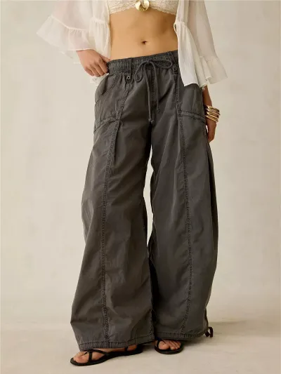 Women Fashion Casual Spring And Autumn Solid Color Cargo Wide Leg Pants