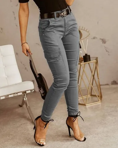 Women'S Fashion Solid Color Low Waist Button Pocket Tight Pants