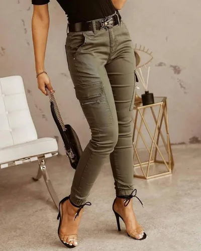 Women'S Fashion Solid Color Low Waist Button Pocket Tight Pants