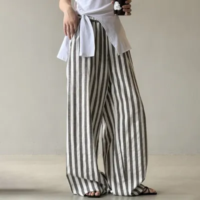 Women Fashion Casual Stripe High Waist Straight Loose Pants