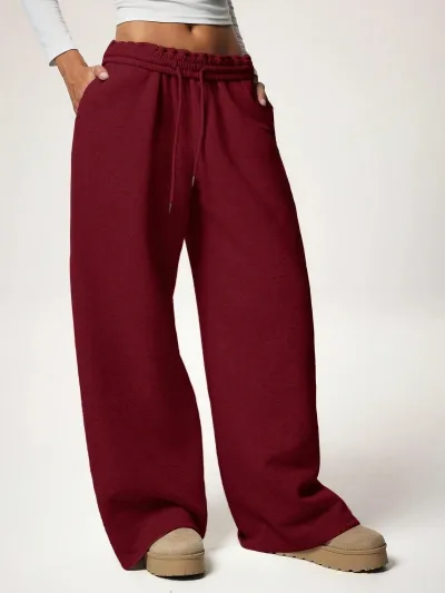 Women Fashion Casual Winter Solid Color Velvet Loose Wide Leg Pants