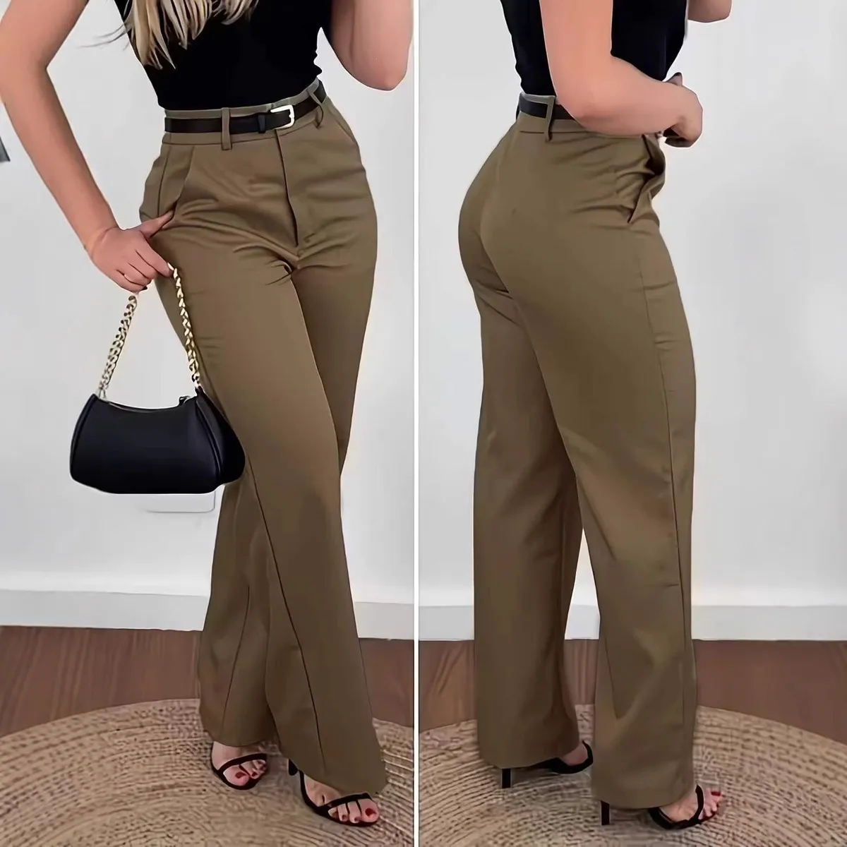 Women Fashion Casual Simple Solid Color High Waist Slim-Fit Straight Pants