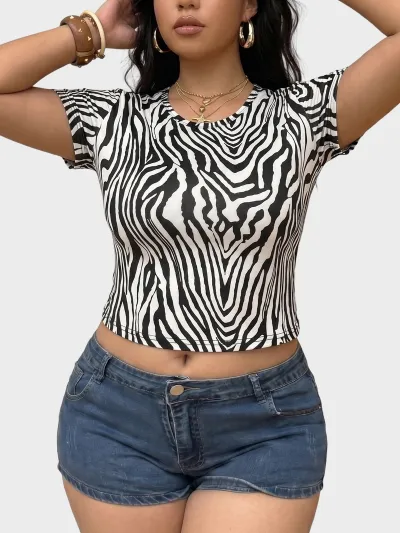 Women Fashion Casual Leopard V-Neck Short-Sleeve Slim-Fit T-Shirt