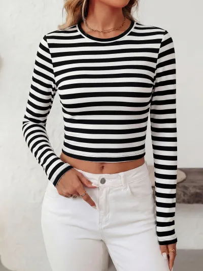 Women Fashion Casual Printed Round Neck Long-Sleeve T-Shirt