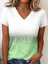Women Fashion Casual Gradient Contrast Printed V-Neck Short Sleeve T-Shirt