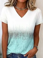 Women Fashion Casual Gradient Contrast Printed V-Neck Short Sleeve T-Shirt