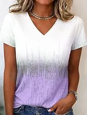 Women Fashion Casual Gradient Contrast Printed V-Neck Short Sleeve T-Shirt
