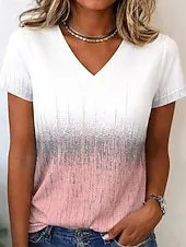 Women Fashion Casual Gradient Contrast Printed V-Neck Short Sleeve T-Shirt