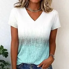 Women Fashion Casual Gradient Contrast Printed V-Neck Short Sleeve T-Shirt